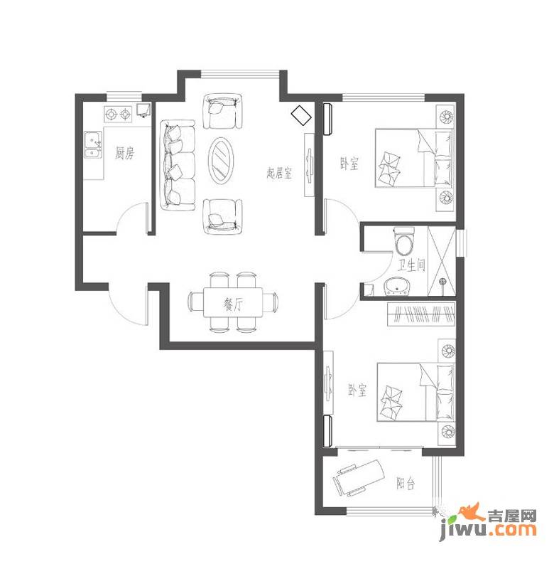 心海假日2室2厅1卫85.8㎡户型图