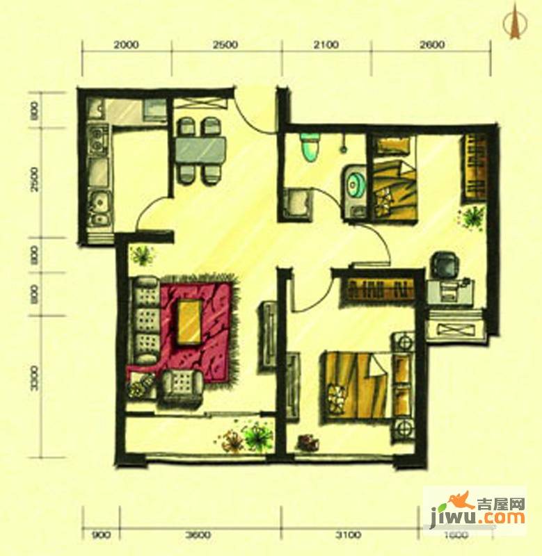 盛世景湾2室2厅1卫81㎡户型图