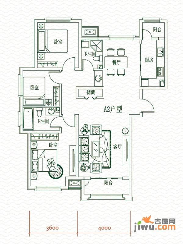 上东水郡3室2厅2卫127.4㎡户型图