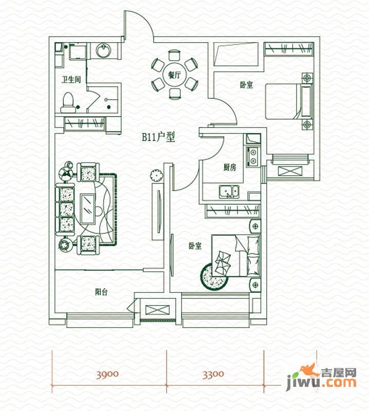 上东水郡2室2厅1卫88.9㎡户型图