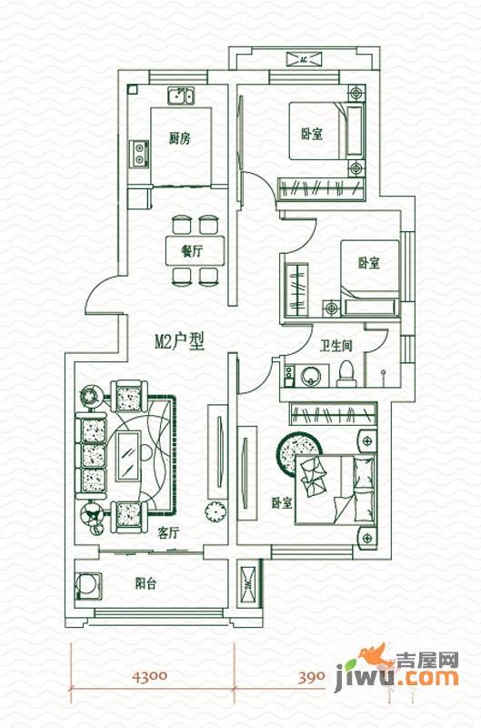 上东水郡3室2厅1卫111.5㎡户型图