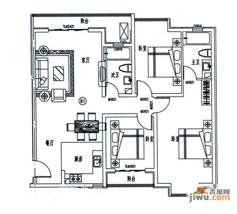 金海湾3室2厅2卫121㎡户型图