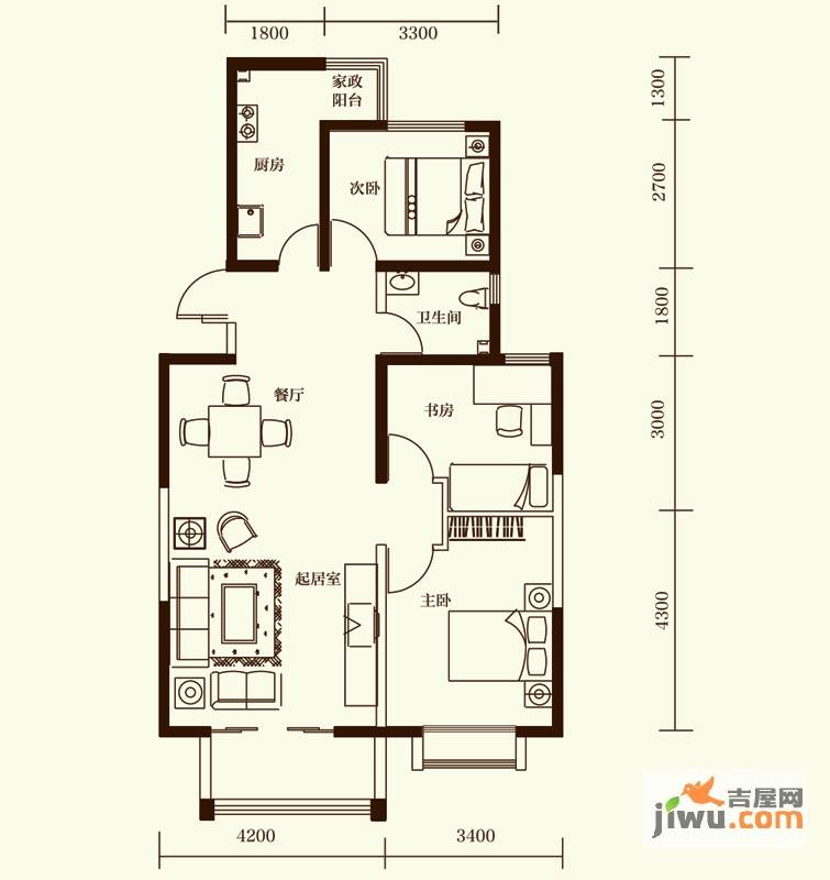 晨曦家园3室2厅1卫97㎡户型图