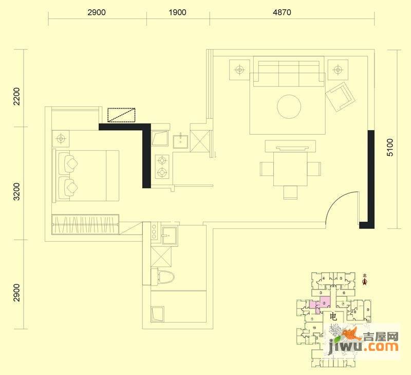 达兴豪苑1室2厅1卫58.4㎡户型图