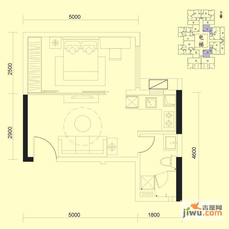 达兴豪苑1室1厅1卫43.3㎡户型图