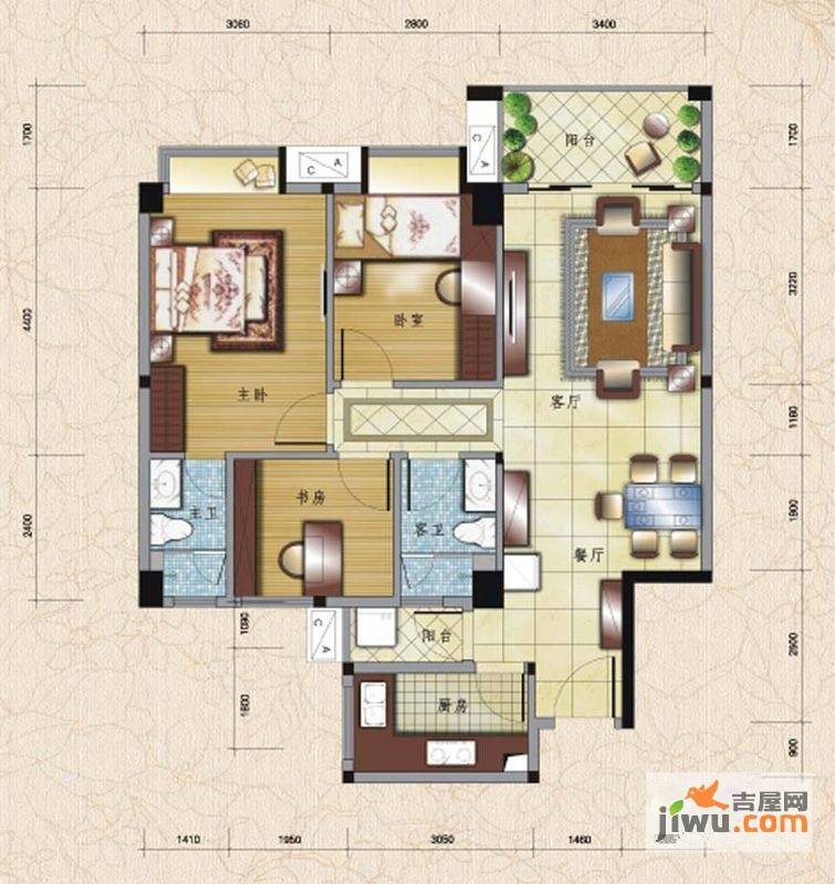 桃源明居3室2厅2卫88.9㎡户型图