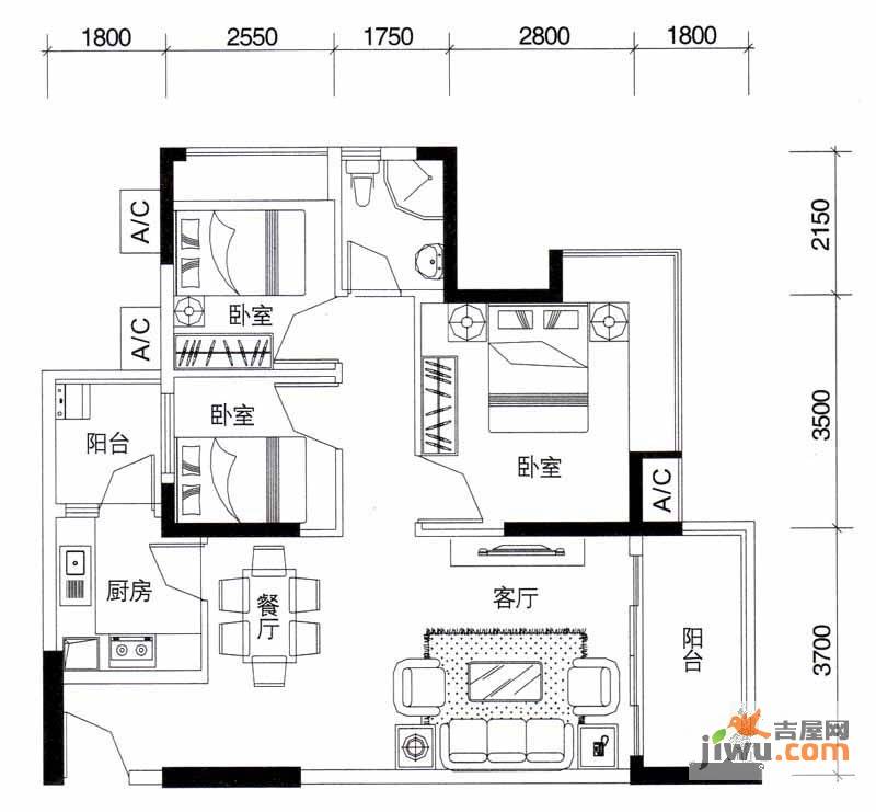 兰亭叙花园3室2厅1卫85.3㎡户型图