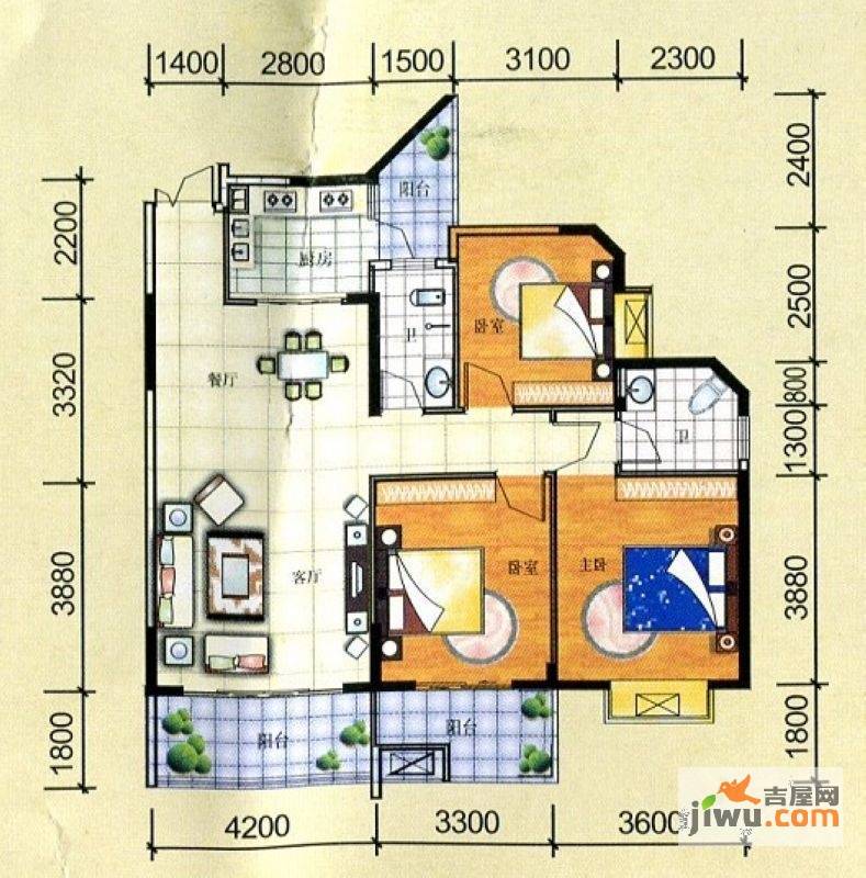 坤龙绿源雅居3室2厅2卫124.8㎡户型图