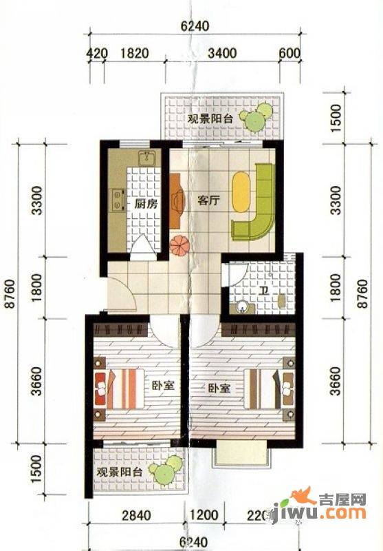 西城新都2室1厅1卫63.6㎡户型图