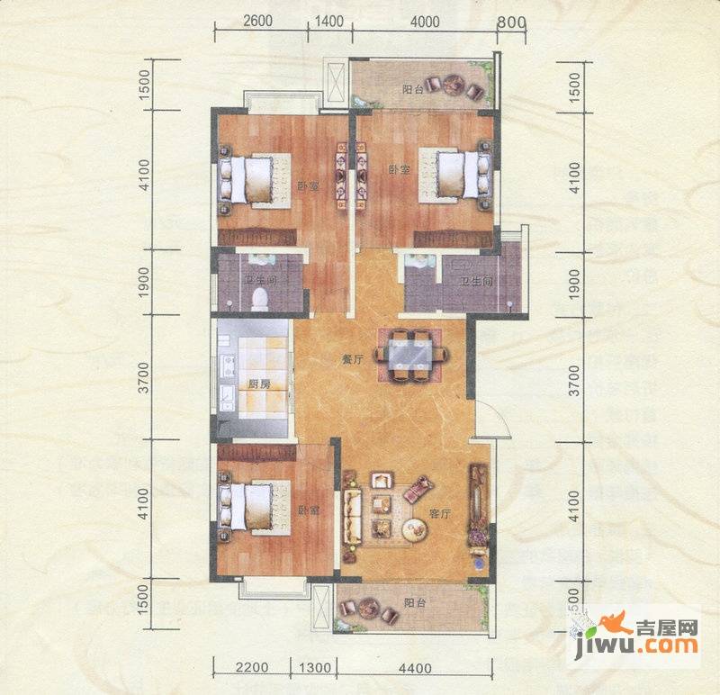 万象城益佳苑3室2厅2卫132.9㎡户型图