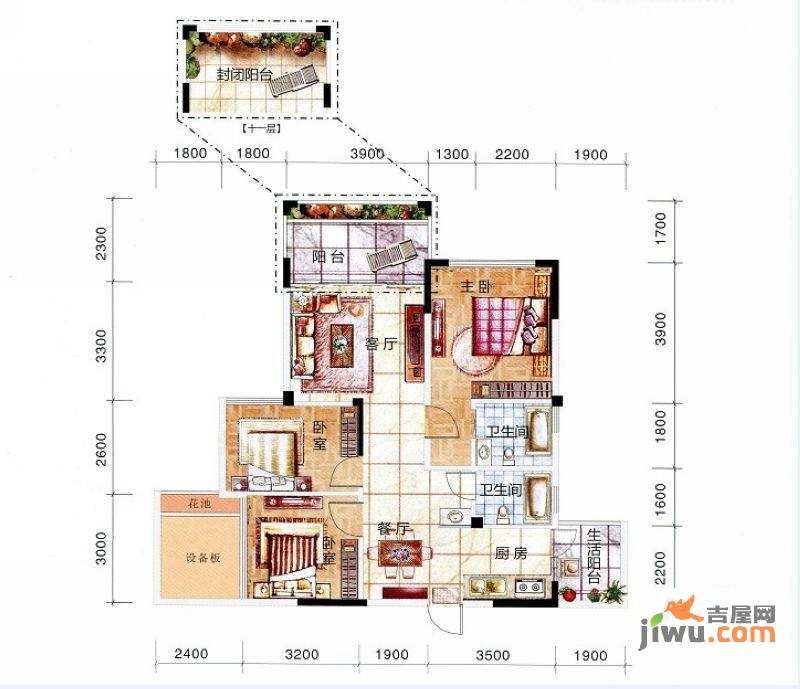 冠泰水晶郦城3室2厅2卫95㎡户型图