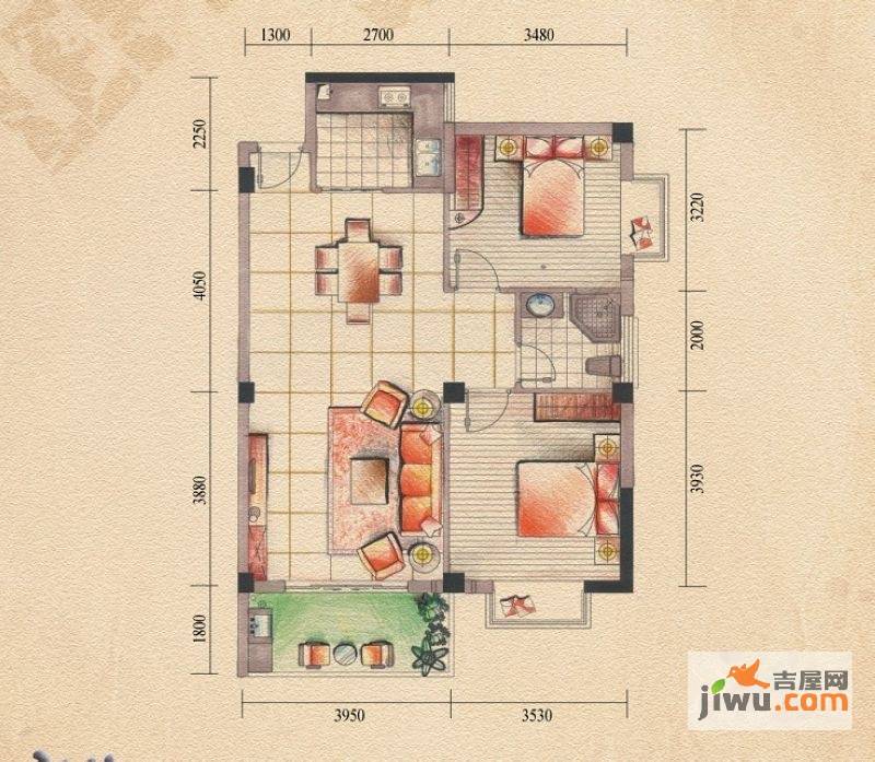 桂林奥林匹克花园2室2厅1卫88㎡户型图