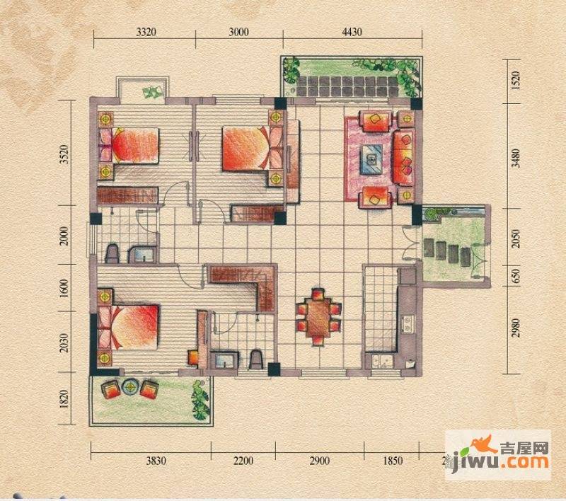 桂林奥林匹克花园3室2厅2卫128㎡户型图