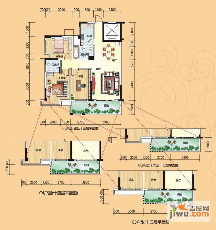 碧园香樟林3室2厅2卫108㎡户型图