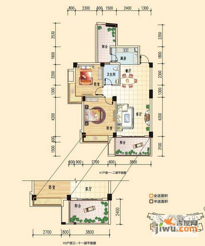 碧园印象桂林2室2厅1卫84㎡户型图