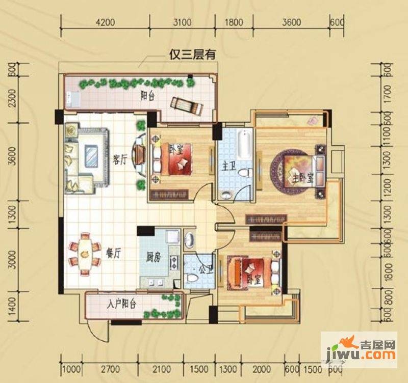 碧园印象桂林3室2厅2卫129㎡户型图