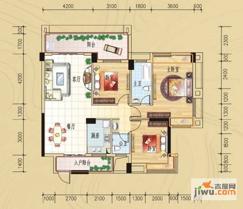 碧园印象桂林3室2厅2卫129㎡户型图