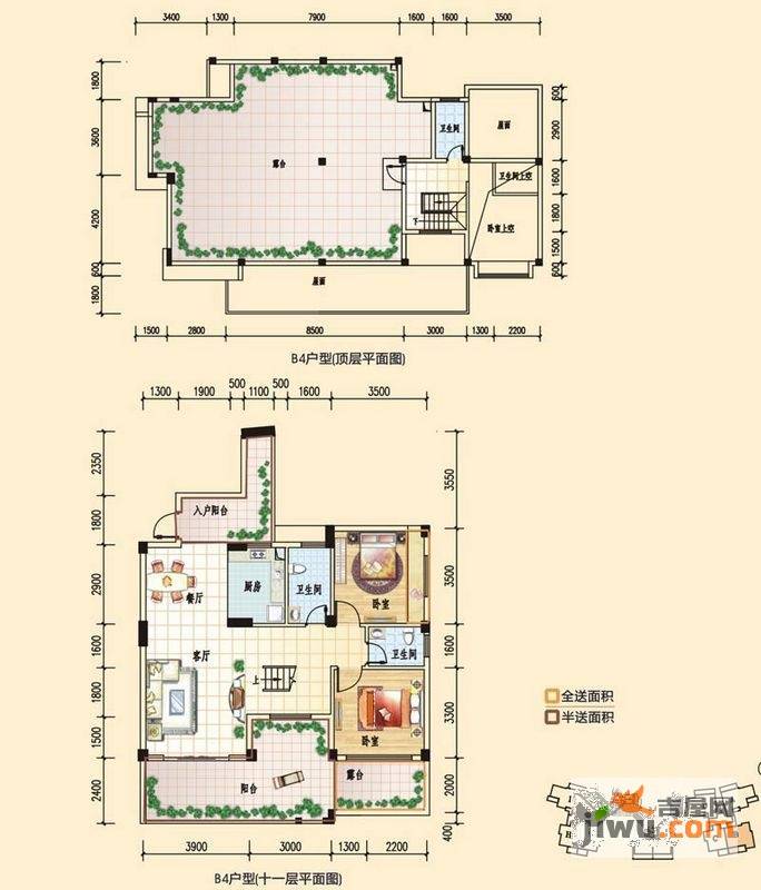 碧园印象桂林2室2厅3卫121㎡户型图