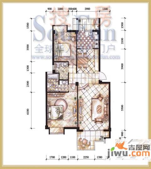 桂林奥林匹克花园2室2厅2卫96.1㎡户型图