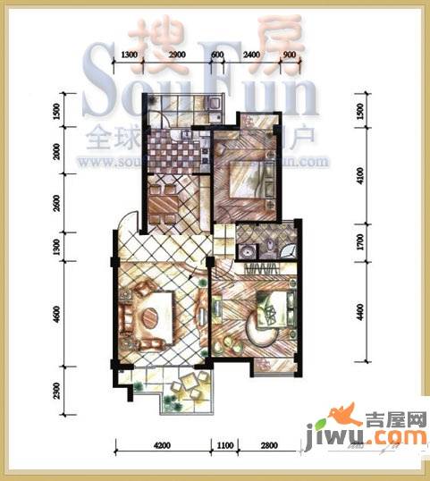 桂林奥林匹克花园2室2厅1卫88.2㎡户型图