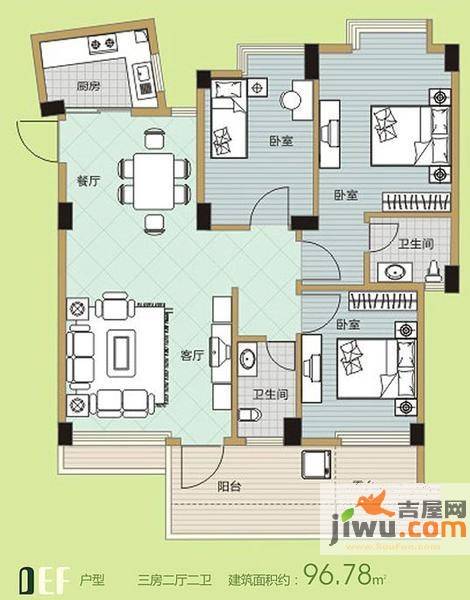 碧园印象桂林3室2厅2卫96.8㎡户型图