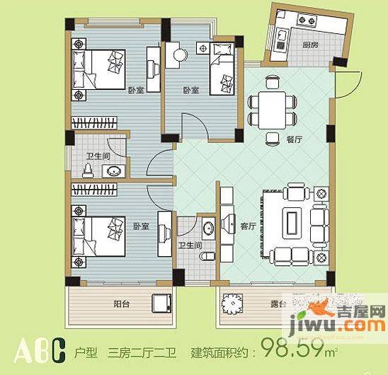 碧园印象桂林3室2厅2卫98.6㎡户型图