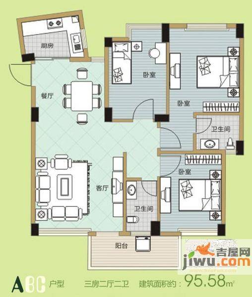 碧园印象桂林3室2厅2卫95.6㎡户型图