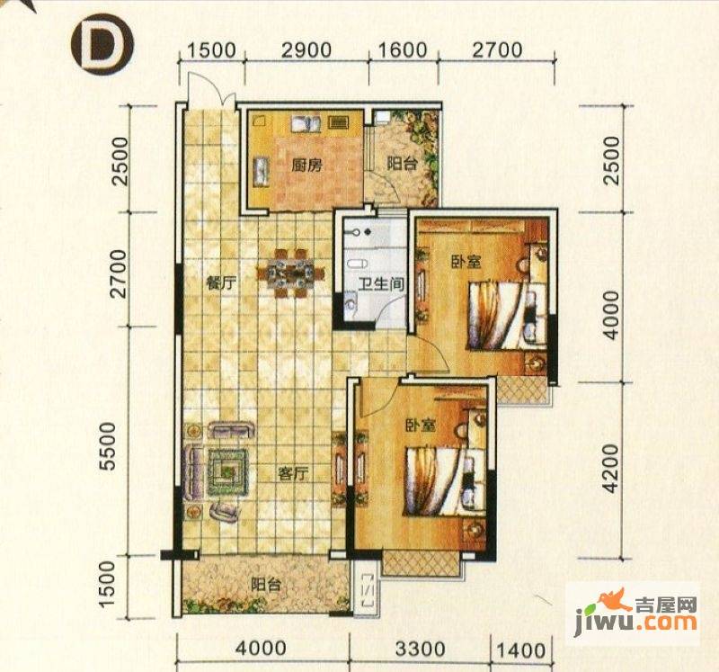 万象城益佳苑2室2厅2卫94.7㎡户型图