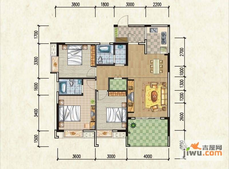 鸿通世纪华庭3室2厅2卫111.7㎡户型图