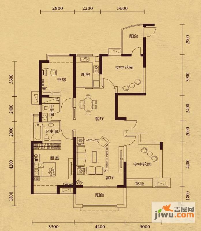 华地公馆2室2厅2卫129㎡户型图