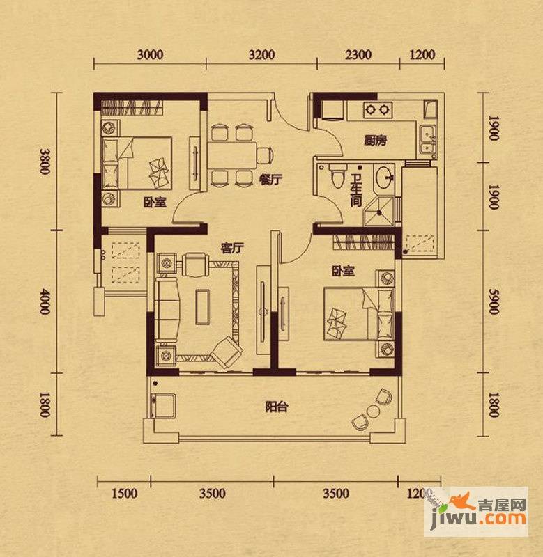 华地公馆2室2厅1卫88㎡户型图