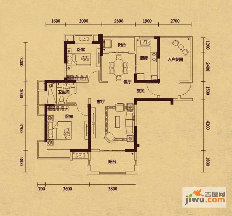 华地公馆3室2厅1卫105㎡户型图