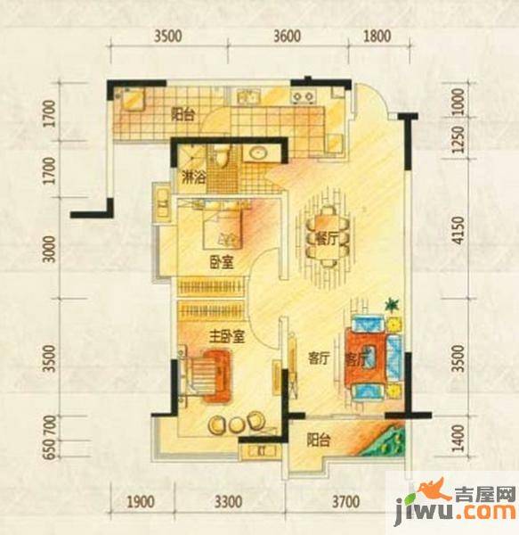 华地学府名都2室2厅1卫84㎡户型图