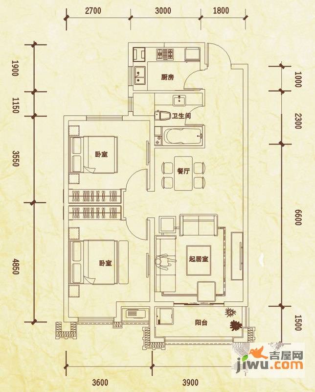 紫御府2室2厅1卫92.8㎡户型图