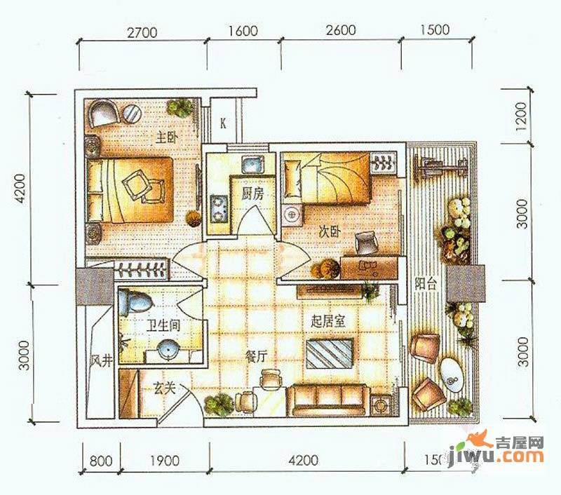 汉嘉都市森林2室1厅1卫70.3㎡户型图