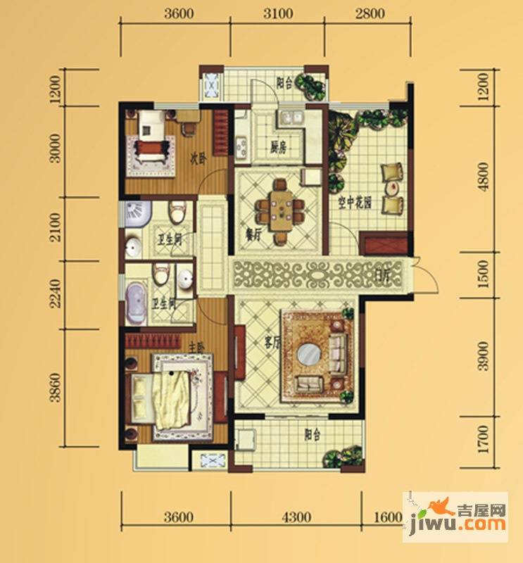 雍景湾2室2厅2卫117.8㎡户型图