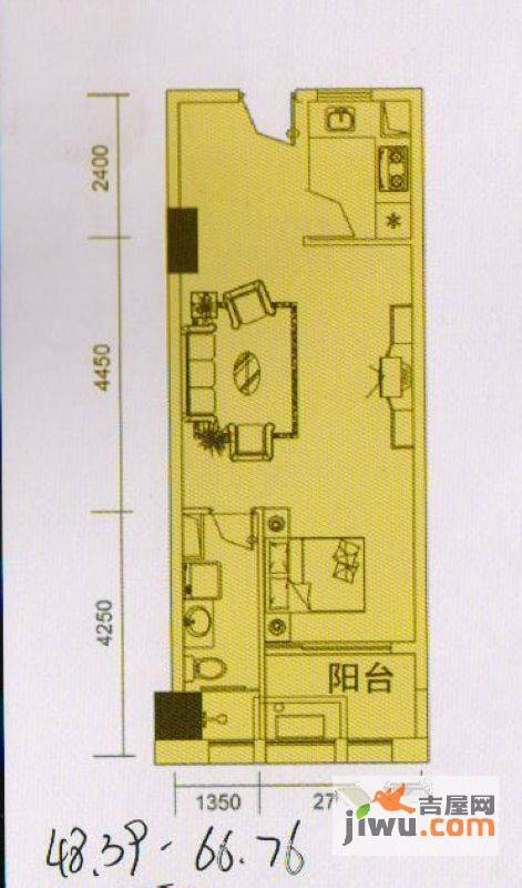 瑞升自由舱1室1厅1卫48.4㎡户型图