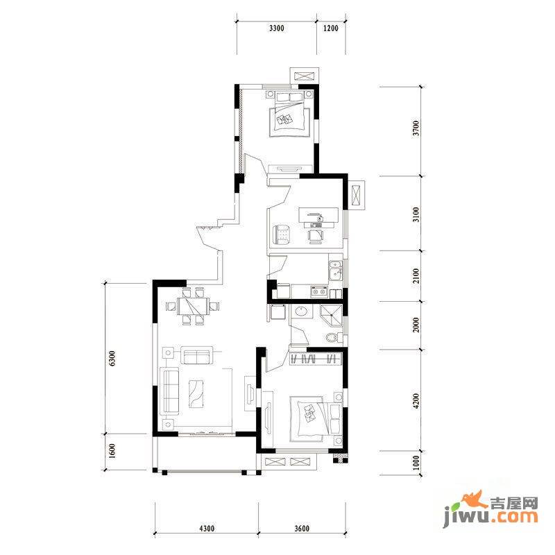 顶峰公寓3室2厅1卫130㎡户型图