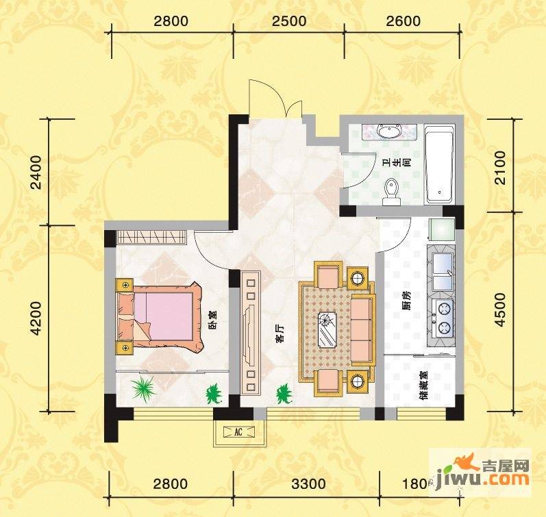 中广西苑华府1室1厅1卫58.6㎡户型图