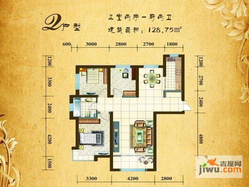 银滩雅苑3室2厅2卫128.8㎡户型图