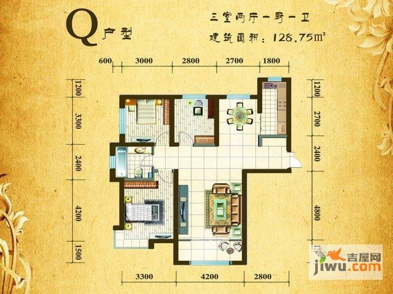 银滩雅苑3室2厅1卫128.8㎡户型图