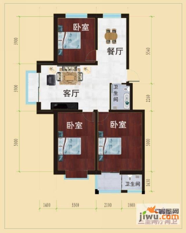 御湖国际3室2厅2卫105㎡户型图