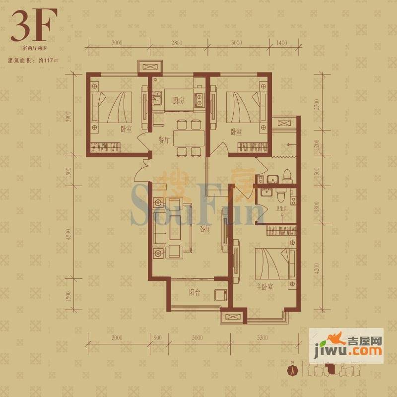 华基君程3室2厅2卫117㎡户型图