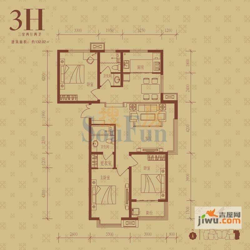 华基君程3室2厅2卫132㎡户型图