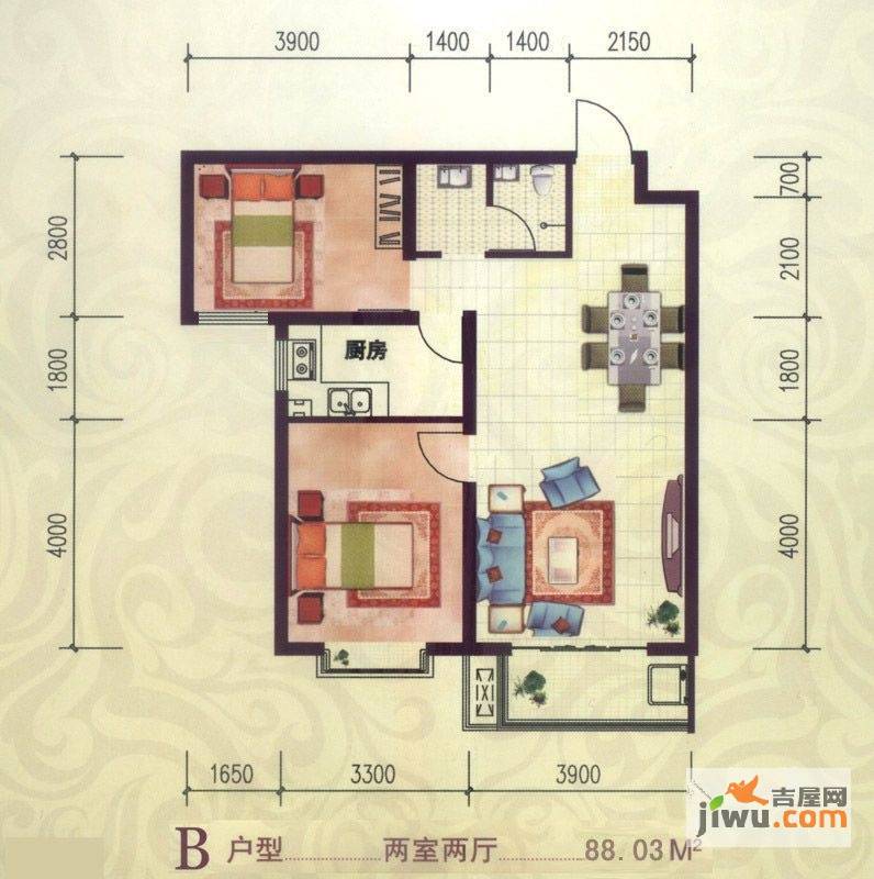 鑫龙湾2室2厅1卫86.6㎡户型图