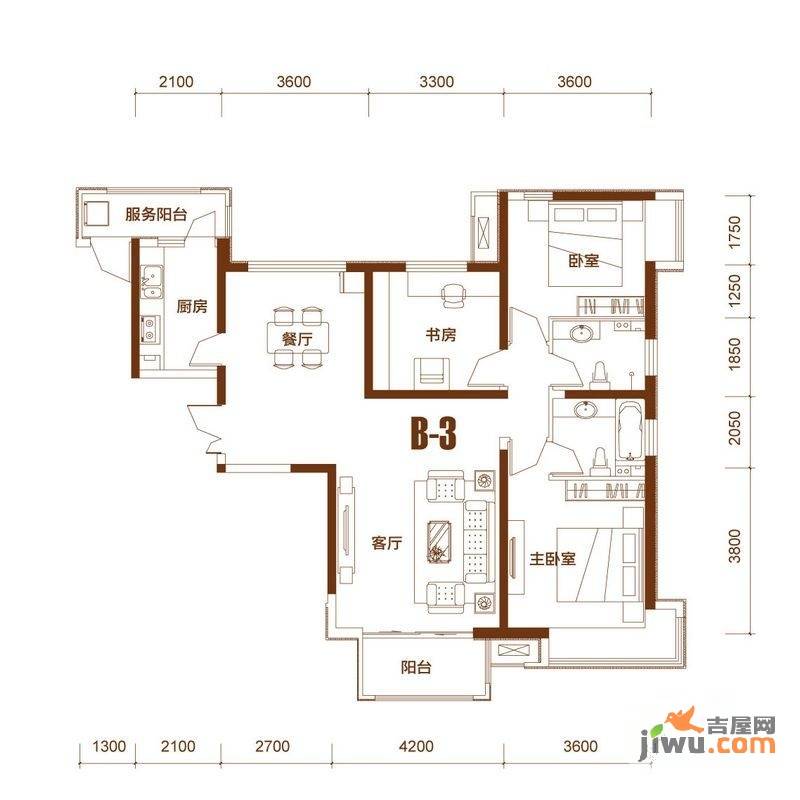 万达广场3室2厅2卫120.1㎡户型图