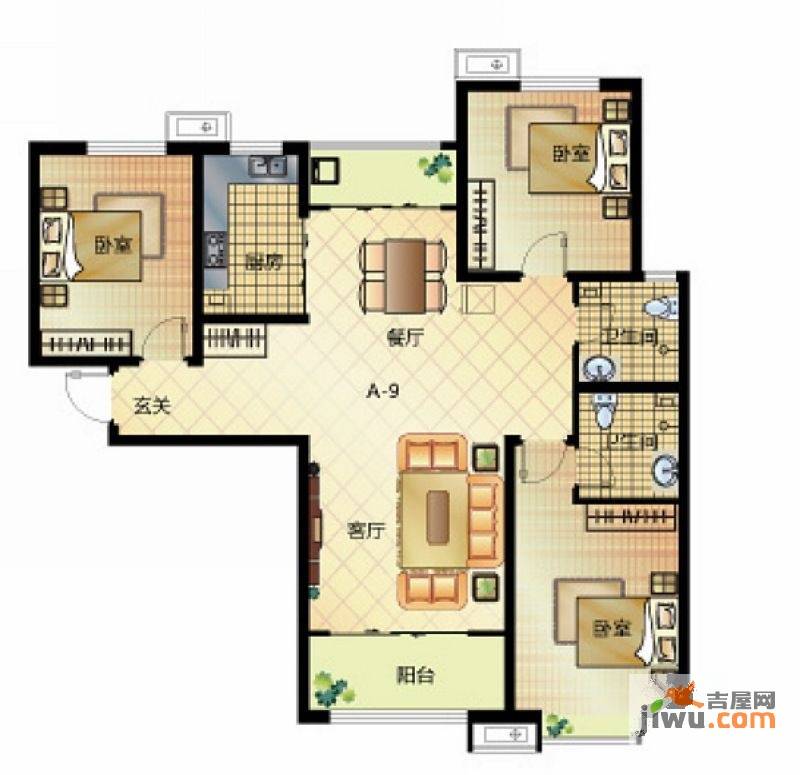 达世地产壹江城3室2厅2卫132.5㎡户型图