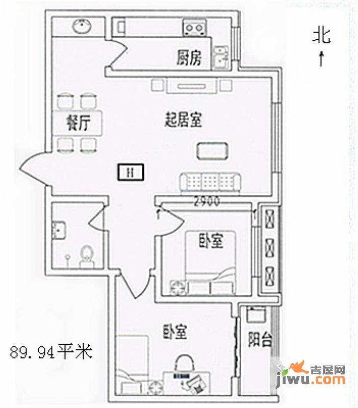 翡翠里2室2厅1卫89.9㎡户型图