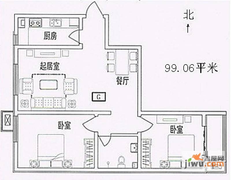 翡翠里2室2厅1卫89.9㎡户型图