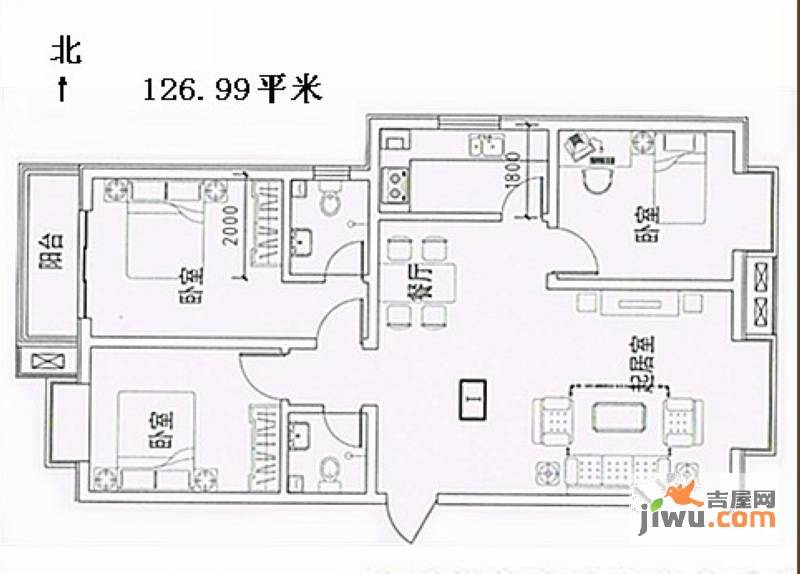 翡翠里3室2厅1卫127㎡户型图